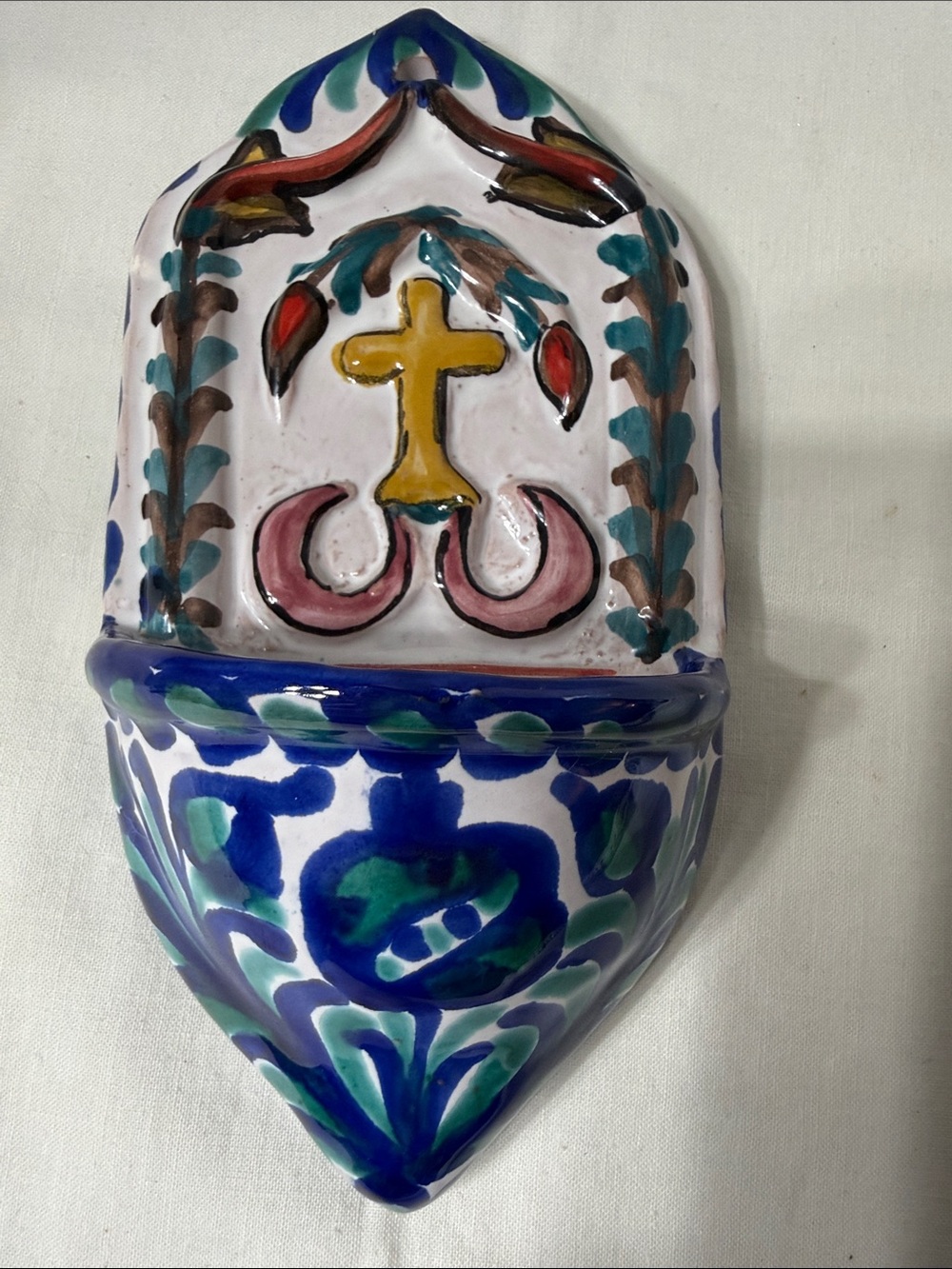 Vintage Granada Spain Hand Painted Ceramica Holy Cross Water Font Wall Pocket